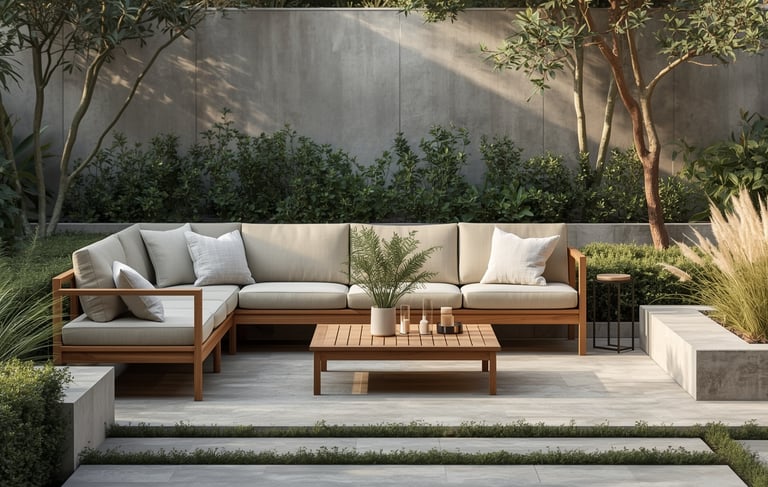 Modern backyard seating area with wood outdoor furniture, layered shrubs, ornamental grasses, and lu