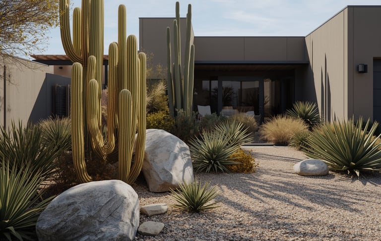Contemporary desert-style landscape featuring tall cacti, agaves, gravel groundcover, and large natu