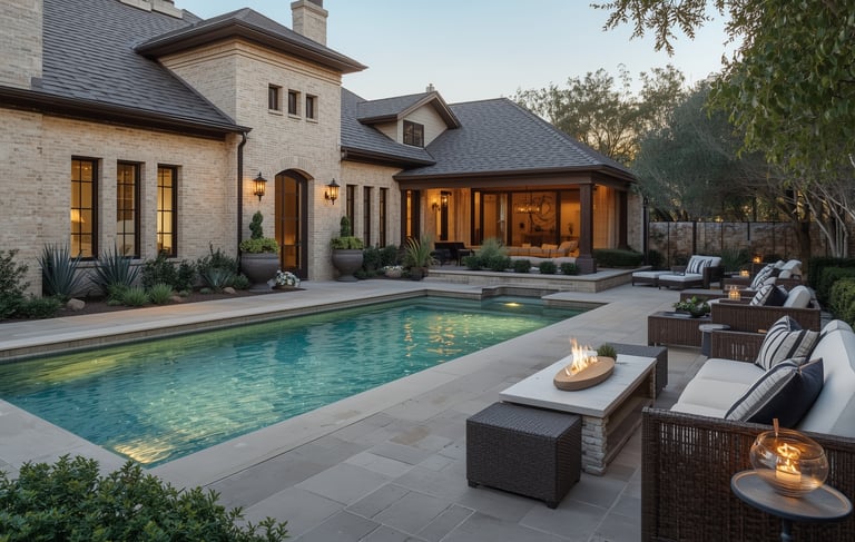 Elegant Texas-style backyard with a sparkling pool, limestone home exterior, cushioned wicker seatin