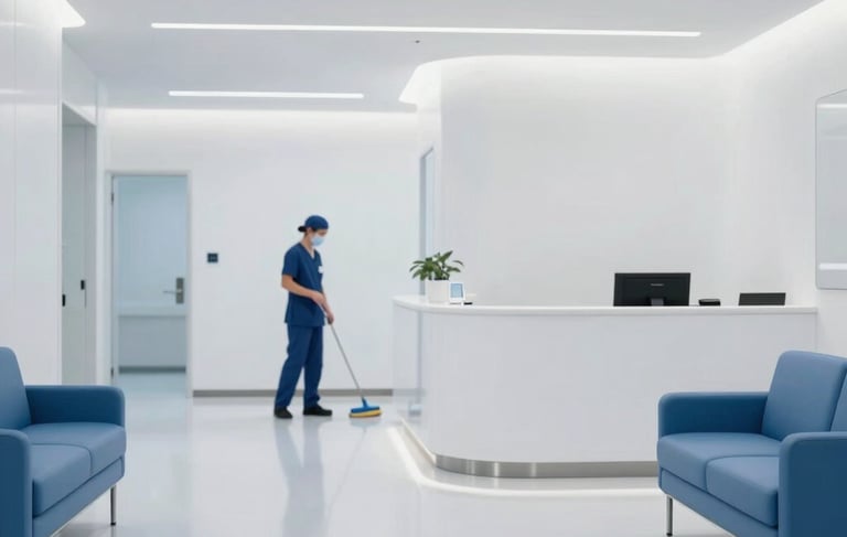 A professional architectural photograph of a sanitized, high-end medical reception in New York. The composition shows polished floors reflecting bright, clean LED lighting, minimalist blue furniture, and white walls that suggest clinical purity. In the soft-focus background, a cleaning professional in a professional healthcare uniform is working carefully. The overall mood is modern, sterile, and trustworthy.