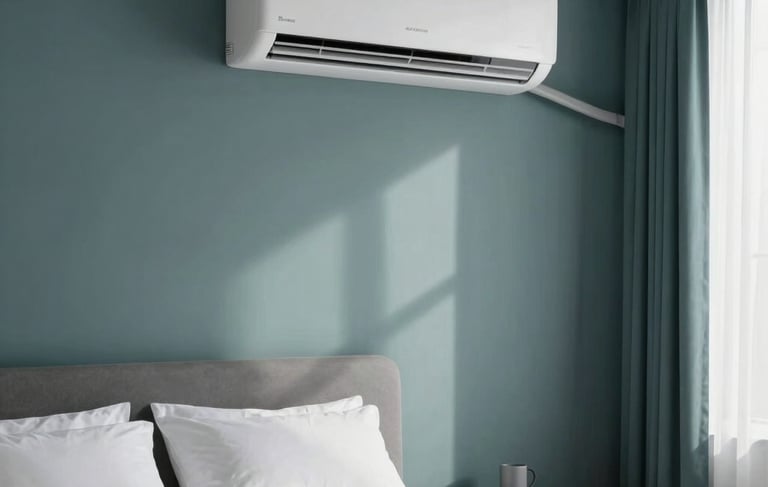 An elegant, minimalist bedroom featuring crisp white linens and a modern wall-mounted air conditioner. The design incorporates deep slate and soft teal accents, evoking a refreshing and pure airflow. Gentle daylight filters through sheer curtains in a premium home in a Global / North American and Australian context. High-end real estate photography.