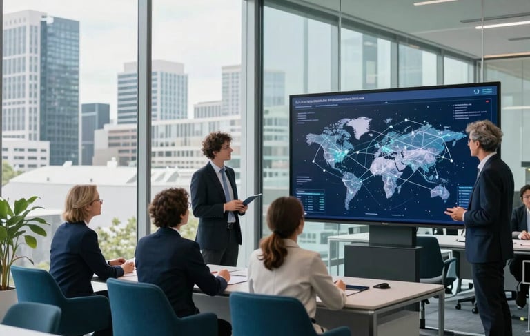 A high-end professional wide shot of Australian and European researchers in professional attire collaborating in a bright, modern glass-walled office with a view of a clean architectural skyline. They are looking at a large digital screen showing complex global research networks. The lighting is crisp and natural, emphasizing a sophisticated atmosphere with deep blue and teal accents in the modern furniture.