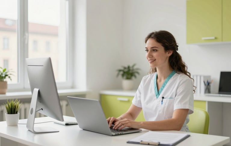 A professional and warm lifestyle photograph of a tele-dentistry consultant working in a bright, modern office in a Central European / German city. The room has soft lighting and clean minimalist furniture with pale lime green accents. The overall atmosphere is positive, trustworthy, and innovative, avoiding a clinical look in favor of a fresh HealthTech aesthetic.