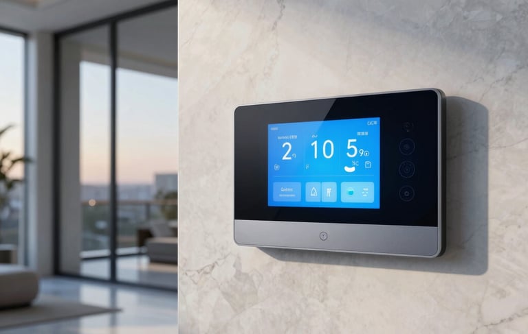 Wide-angle photograph of a sophisticated smart home control interface integrated into a sleek, marble-textured wall of a modern Middle Eastern / Gulf villa. Soft evening light filters through floor-to-ceiling windows, highlighting clean lines and high-end technological fixtures in a professional setting. The color palette features deep blues, slate blues, and crisp off-whites.
