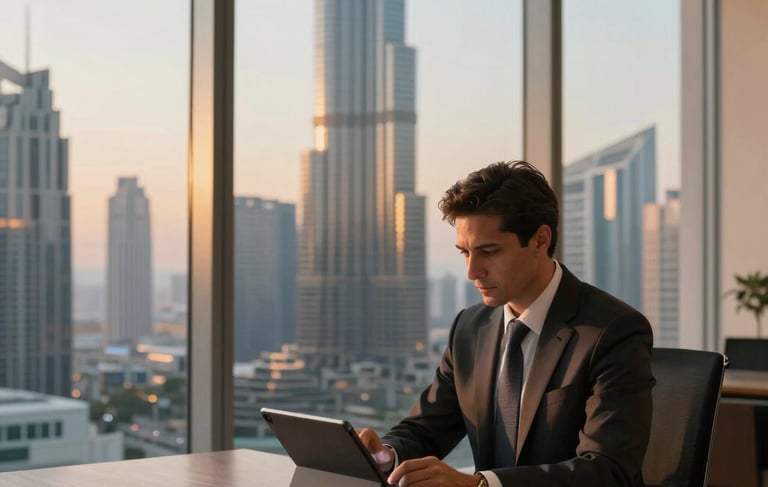 Professional photography of a high-end logistics consultation office in a Dubai skyscraper. A consultant in a professional tailored suit sits at an oak desk, focused on a tablet. Large floor-to-ceiling windows reveal a blurred view of the Burj Khalifa and modern Dubai skyline during a golden hour sunset. The room is filled with warm amber light and cool dark blue shadows. Middle Eastern / Gulf atmosphere.