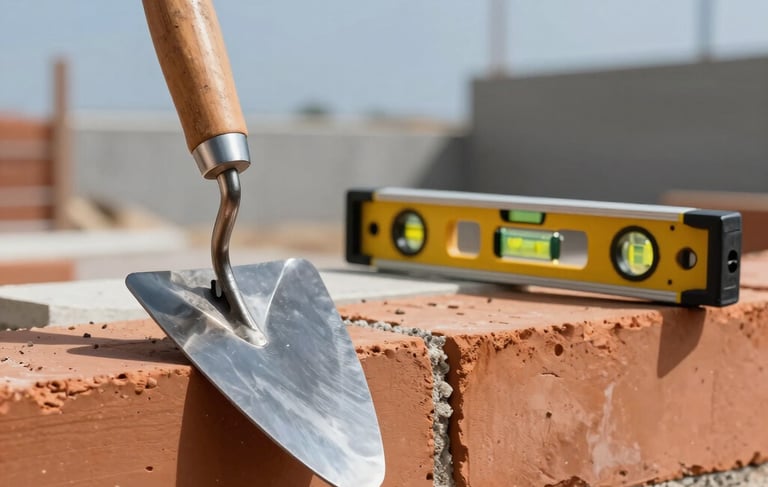 Professional photography of high-quality masonry tools like a metal trowel and spirit level resting on a clean terracotta brick wall under construction. The scene is bright and clear, reflecting expert South American craftsmanship. Natural daylight, solid construction atmosphere, with muted blue and slate tones in the background.