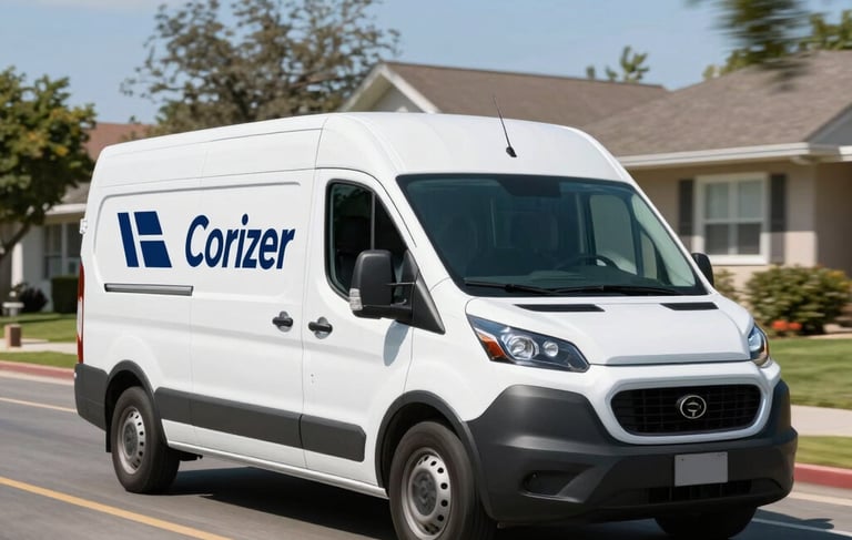 A sharp, professional photograph of a modern white courier van driving on a clean North American suburban street during a sunny day. The van has minimalist navy blue branding. The lighting is bright and clear, emphasizing a sense of speed, efficiency, and unwavering reliability.
