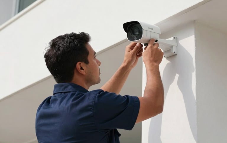 A professional security technician in a navy blue corporate uniform carefully installing a modern high-definition CCTV camera on the corner of a contemporary white building in Puerto Morelos, Mexico. The lighting is bright and clean daylight, emphasizing the sleek design of the technology and the architectural details. The overall mood is professional, secure, and reliable.