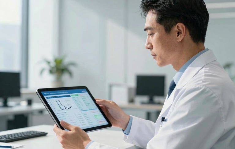 A professional health-technology expert in a modern, sunlit North American office, presenting a sleek tablet interface showing diagnostic health data. The environment is minimalist and clinical with steel blue accents, highlighting a trustworthy and innovative atmosphere.