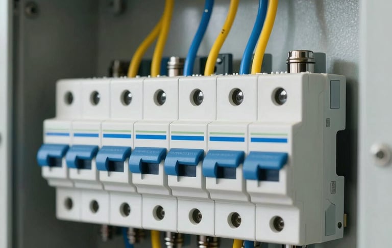 A close-up photograph of a clean, modern electrical circuit breaker panel in a North American home, with electric blue and yellow wiring neatly organized. The lighting is bright and technical, highlighting the high-quality components and safe installation style.