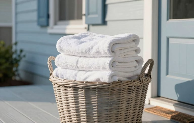 A clean, modern North American / US suburban front porch in Athens, Alabama. A neatly folded pile of white towels and linens rests inside a minimalist wicker basket on the wooden porch floor. Bright, soft morning sunlight highlights the crisp textures, conveying efficiency and freshness with a light blue and white color palette.