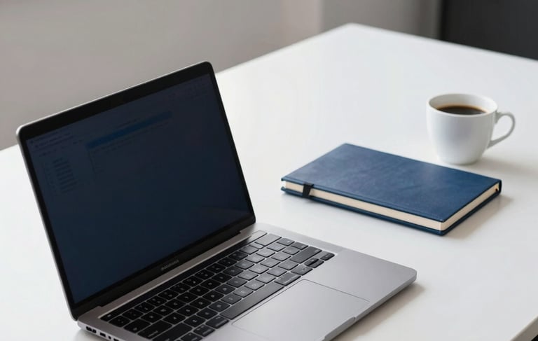 A clean, high-end photography of a modern laptop open on a white desk in a minimalist South American / Brazilian office. Beside it is a professional notebook and a cup of coffee. Soft natural morning light illuminates the scene, featuring a color palette of navy blue and slate gray, suggesting a focus on IT training and productivity.