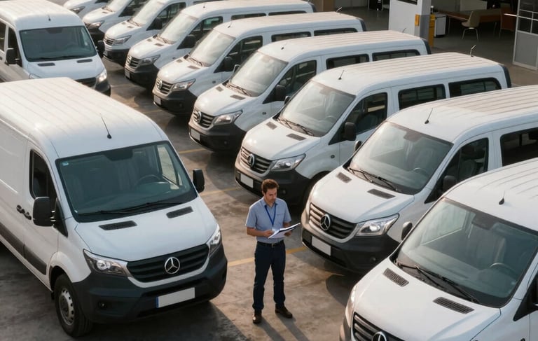 A crisp, high-angle commercial photograph of an organized South American / Brazilian logistics center. A professional fleet manager is standing near a row of clean transport vehicles, looking at a digital clipboard. The lighting is soft morning sun, highlighting the efficiency and scale of the operations. Palette colors of slate blue and charcoal are prominent in the fleet and office architecture.