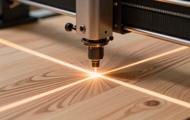 Close-up of a state-of-the-art laser engraving machine meticulously working on custom wooden boards, revealing bright warm paths, in a professional creative workspace.
