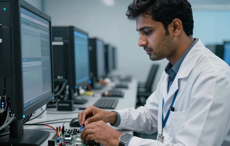 A sharp, commercial-style photograph of a modern IT service center in Amroha. A professional technician in a clean white uniform is meticulously working on a server motherboard at a sleek slate grey workstation. The room is filled with cutting-edge technology and soft deep blue ambient lighting. South Asian / Indian setting, professional and trustworthy atmosphere.