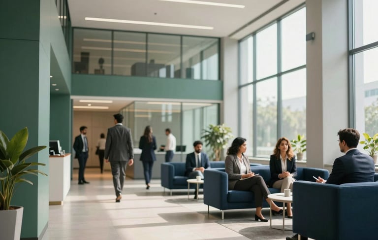 A professional South Asian / Indian modern corporate lobby with clean lines and high ceilings. Large glass windows allow soft natural sunlight to illuminate the space. In the background, a blur of diverse professionals in modern business attire hints at a bustling, efficient environment. The color palette features subtle forest green and deep navy blue accents on the walls and furniture.