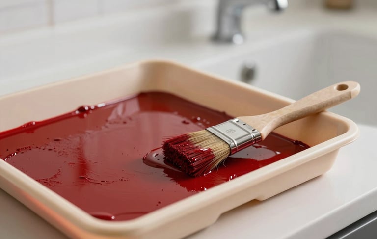 A close-up photograph of a clean, professional painting tray filled with rich bloody red paint, next to a pristine beige trim and a high-quality paintbrush, set in a bright, modern North American interior. The lighting is soft and focused, emphasizing quality and professional tools.