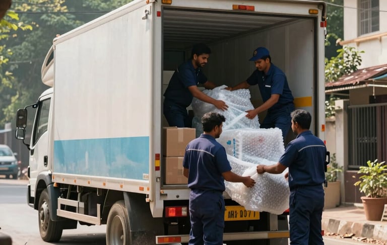 A wide-angle, eye-level photograph of a clean, white and pale blue transport truck parked in a leafy residential neighborhood in New Delhi, South Asian / Indian. A professional crew in dark blue uniforms is neatly organizing bubble-wrapped furniture and boxes inside. The lighting is bright morning sun, casting soft shadows. The atmosphere is one of organized efficiency and trustworthiness.