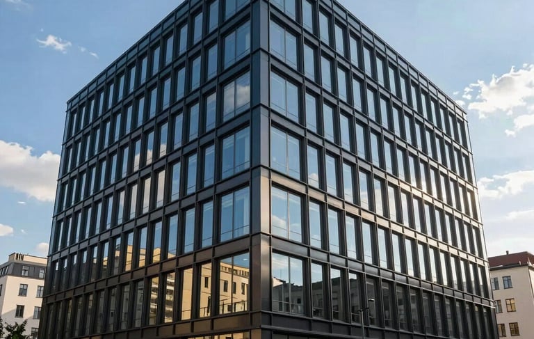 A professional corporate office building in a Central European / Slovak business district, featuring modern clean architecture with large windows. Bright daylight with a clear blue sky. The image conveys versatility and reliability. Subtle tones of dark blue, gold, and off-white in the environment.