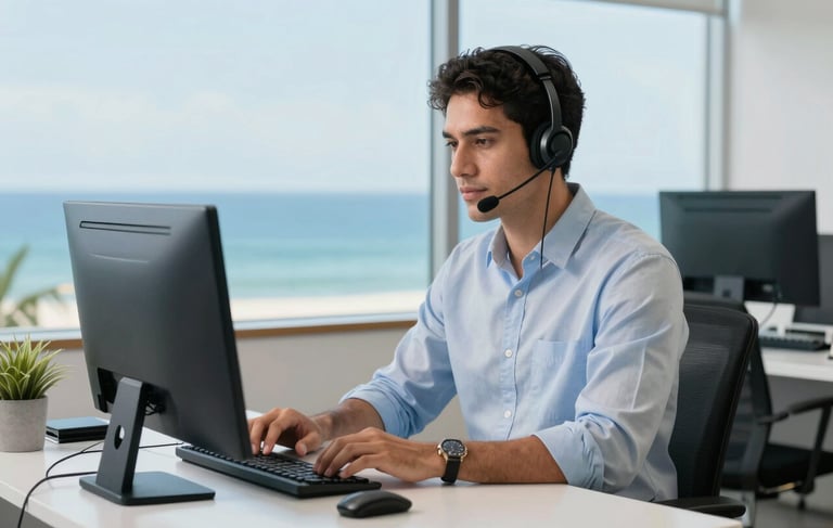 A professional South American / Brazilian office interior focused on remote condominium management services. A specialist wearing a sleek headset is working at a clean, modern desk. The scene is bright and calm with ocean blue and mist white accents, reflecting a mood of reliable and high-quality tele-attendance service.