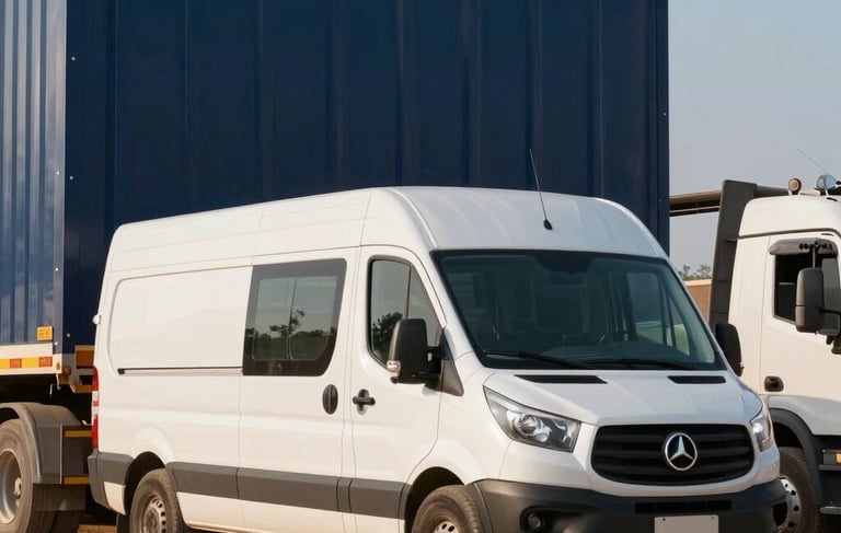 Photography of a modern white transport van and a heavy-duty truck parked in front of a large South American &amp;#x2F; Brazilian infrastructure project. The lighting is crisp morning sun, highlighting the metallic surfaces. The color palette features dark blue and sand beige tones, conveying professionalism and robustness.