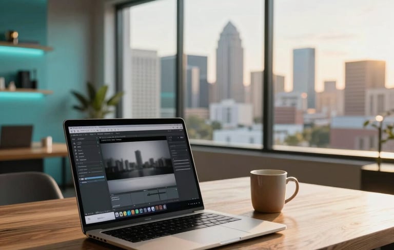A high-end professional North American creative studio in Austin, Texas. A modern laptop is open on a natural wood desk showing blurred design software. A warm ceramic mug sits nearby. In the background, large floor-to-ceiling windows look out onto a sun-drenched city skyline. The lighting is sophisticated and warm, featuring subtle turquoise blue accents in the minimalist office decor.