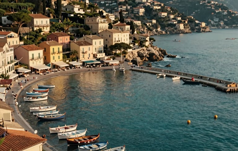 A breathtaking high-angle photograph of the bay of San Michele di Pagana on the Italian Riviera. The turquoise sea gently laps against a small harbor filled with traditional wooden gozzi boats. The surrounding architecture features elegant pastel houses in cream and terracotta tones, nestled among lush Mediterranean greenery. The lighting is soft and golden, characteristic of a late afternoon sun, evoking a sense of calm and professional reliability.