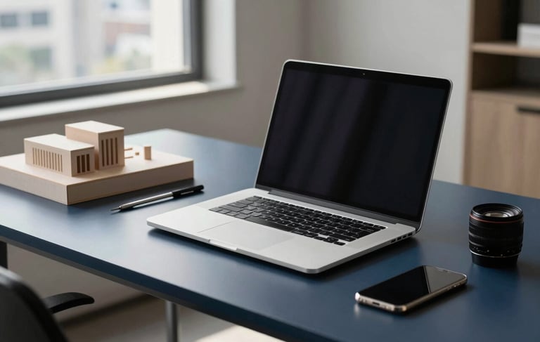 High-end minimalist workstation in a bright North American office setting. A sleek laptop, a architectural model, and professional tools are arranged on a dark blue desk. Natural light streams in from a window with a city view. Sophisticated and clean composition.