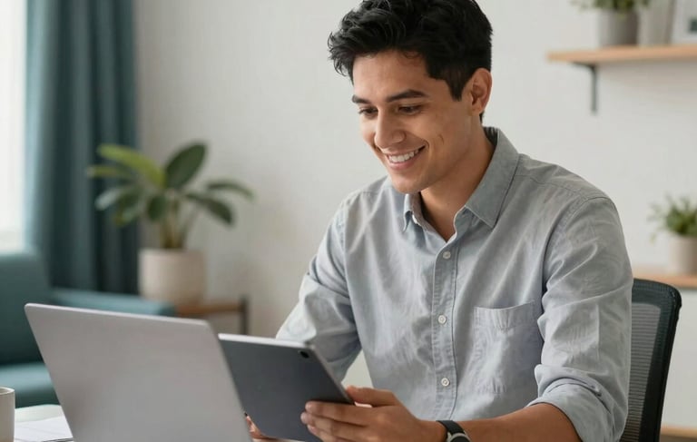 A professional Latin American person sitting at a clean, modern desk in a brightly lit home office. They are smiling and looking at a laptop screen, holding a tablet. The setting is modern and accessible, with teal and off-white accents in the room decor. Soft natural lighting, realistic photography style.