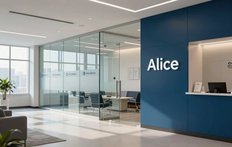 A high-end, modern North American healthcare office lobby with Alice Blue and Dark Blue accents. Soft, natural morning light illuminates a clean, minimalist interior with glass partitions and subtle medical branding. Professional and optimistic atmosphere with a sense of innovation.