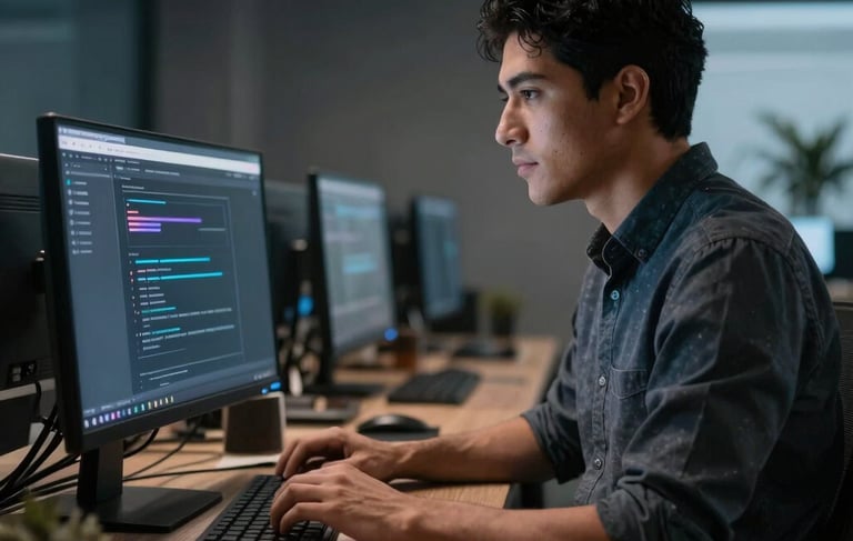 A Latin American / Hispanic Enterprise software developer working on high-tech corporate web applications inside a modern dark neutral workspace illuminated with subtle sky blue accent light.