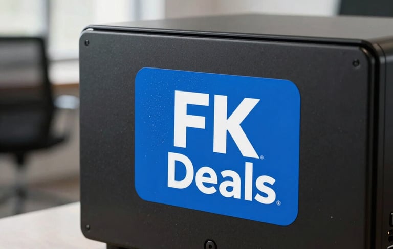 A sharp, professional photograph of a premium electric blue vinyl branding sticker from FK Deals applied to a sleek matte black electronic device. The setting is a clean, modern North American office space with bright natural light, showcasing the waterproof texture and high-quality finish of the sticker.