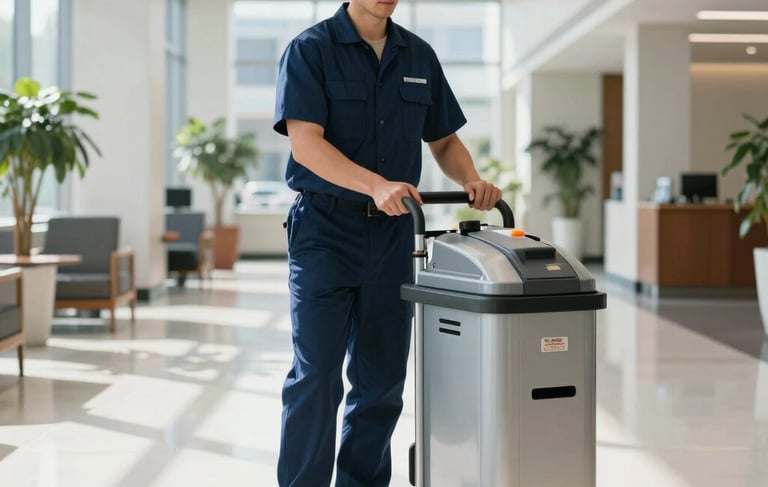 A high-resolution, wide-angle photograph of a professional cleaning specialist in a navy blue uniform using a modern janitorial cart in a bright, clean, sunlit North American corporate office lobby in Long Island City. The background shows polished white floors and large windows, highlighting hygiene and cleanliness.