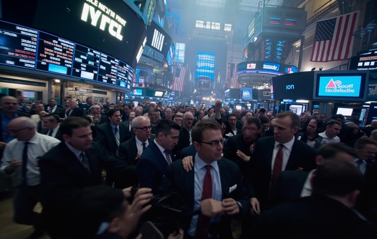 Crowded stock exchange floor with busy traders under digital displays and American flags.