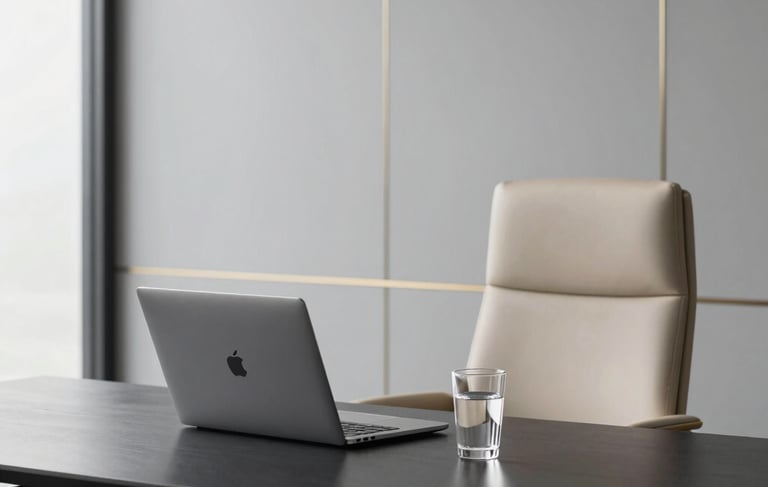 A premium North American executive workspace with a minimalist design. A sleek black desk holds a silver laptop and a glass of water. A comfortable beige leather chair is in the background. The wall is soft gray with a subtle gold accent frame. Natural light spills through clean windows.