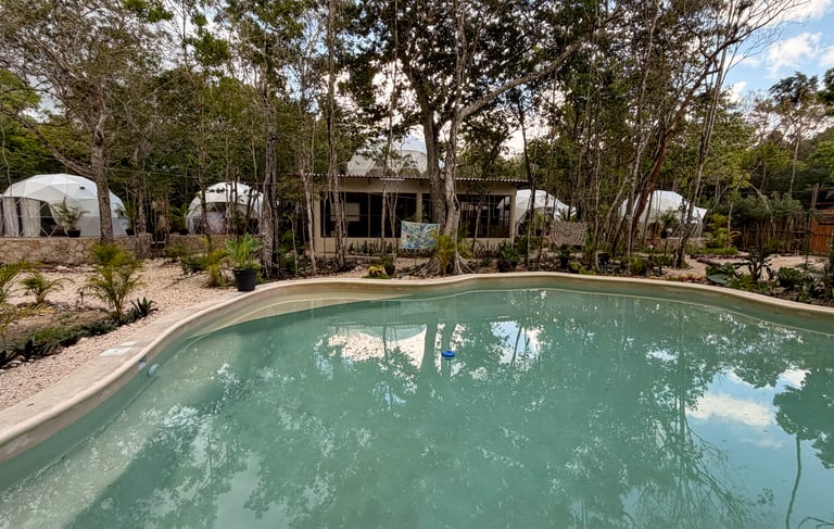 Luxury glamping domes in Venamarte, surrounded by lush Mayan jungle trees and a circular outdoor poo