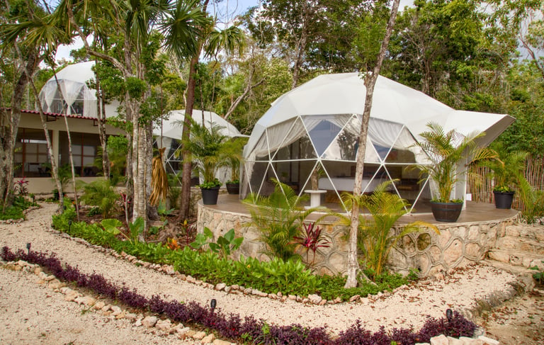 Geodesic domes in Venamarte, a glamping complex in the Mayan jungle, with stone paths and lush plant