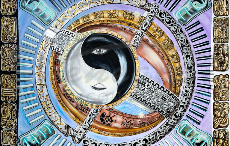 Mayan-inspired artwork, featuring a black and white Yin-Yang symbol and the face of a woman.