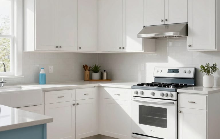 A bright and professional North American / US home interior, featuring a spotless kitchen with white cabinets and light blue accents. The scene is sunlit and crisp, emphasizing a clean and hygienic environment. High-quality commercial photography style, modern and trustworthy.