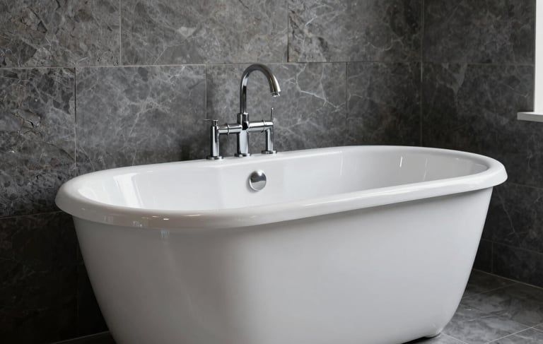 Industrial premium bathroom interior in a New York loft setting. A pristine, high-gloss white reglazed porcelain bathtub stands against a dark grey stone wall. Clean minimalist composition, soft natural lighting, professional photography showing like-new surface results.