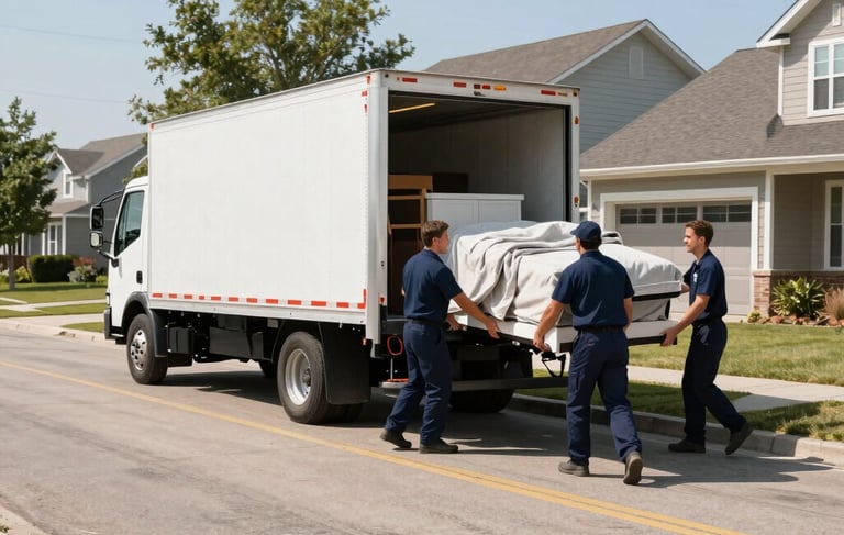A wide-angle photography shot of a professional moving truck parked in a clean, sunny North American residential street in Omaha. Movers in navy blue uniforms are carefully loading furniture using protective blankets, conveying trust and reliability.