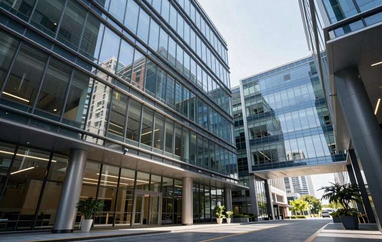 A wide-angle professional photograph of a modern North American corporate office lobby featuring sleek glass architecture, clean lines, and a palette of dark navy and steel blue accents. Bright, natural daylight floods the space, reflecting off polished surfaces, conveying a sense of transparency and technical innovation.