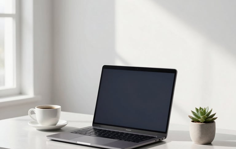 Professional North American / US interior photography of a minimalist workspace. A sleek laptop sits on a light gray desk beside a cup of coffee and a small succulent. The background is a clean white wall with soft morning light from a side window. Sophisticated atmosphere using a palette of white, gray, and deep charcoal.