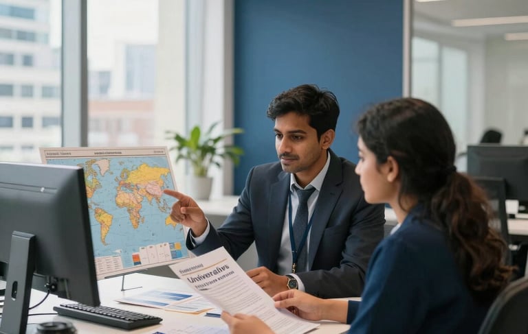 A high-quality photograph of a bright, modern consultancy office in a South Asian city. A professional academic advisor is sitting at a desk with a student, discussing a world map and brochures for UK universities. The room is filled with natural light, featuring deep blue and off-white interior accents, conveying trust and global aspiration.