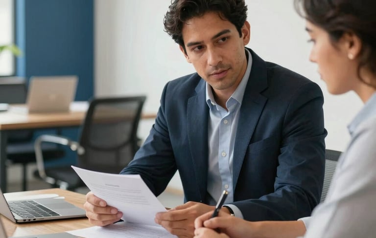 A warm, natural light photography of a professional business meeting in the Latin American and Spanish SMB market context. A small business consultant and an owner discuss operational planning in a clean, modern workspace with slate blue accents. They review notes with confidence and clarity, captured in a reliable, high-trust style.