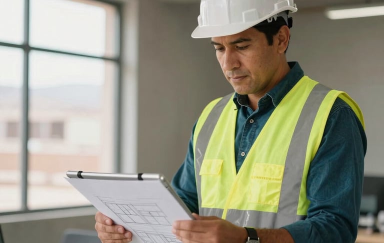 A professional South American / Chilean construction manager in a safety vest and hard hat reviewing architectural plans on a tablet. The setting is a modern construction office in Iquique, with clear natural light. The color palette includes dark teal and sandy yellow accents, reflecting a serious and reliable corporate mood.