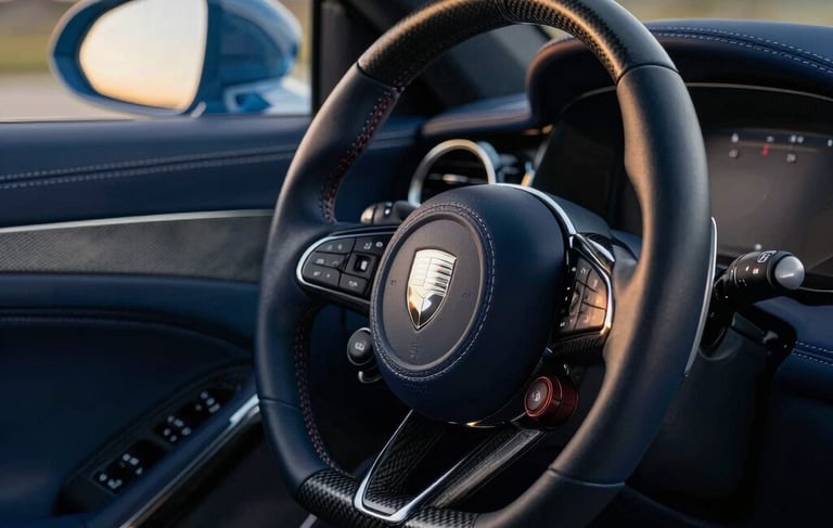 A close-up photograph of a high-performance European luxury car's cockpit, featuring hand-stitched leather in Deep Navy Blue and polished carbon fiber accents in Dark Charcoal. The steering wheel prominently displays a minimalist crest. Soft, natural evening light pours through the windshield, highlighting the precision of the stitching. North American / European Luxury Automotive Market setting.