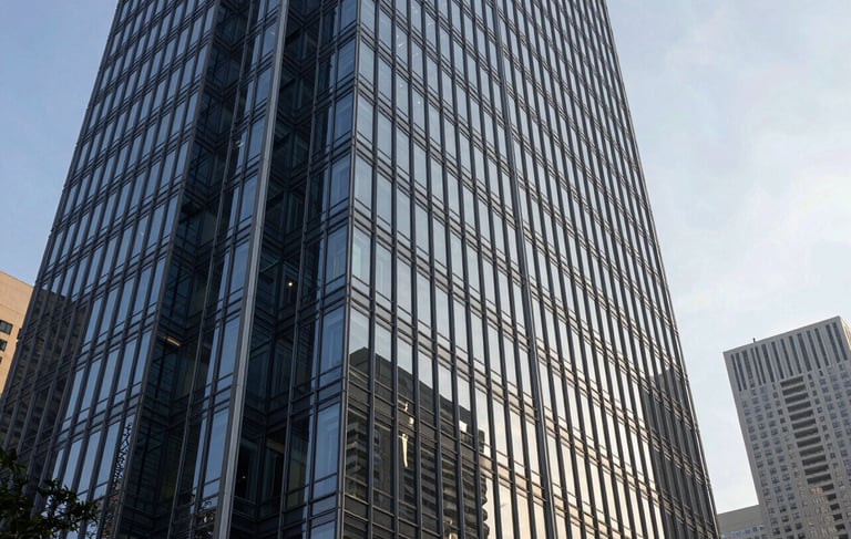 Clean, professional photography of a modern high-rise glass office building in a North American metropolitan business district during the afternoon. The lighting is crisp and natural, highlighting the architectural efficiency and sophisticated glass surfaces. The composition is a low-angle shot emphasizing growth and contemporary scale, utilizing a palette of deep navy and silver grey.