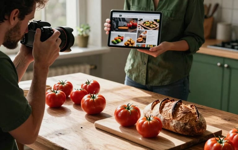 A cozy behind-the-scenes photography workshop in a Northern European culinary studio. A professional photographer is arranging a flat-lay photo of fresh heirloom tomatoes and artisanal sourdough bread on a rustic wooden table. Soft warm natural light streams through a large window, creating a high-contrast aesthetic. In the background, a digital marketing consultant holds a tablet displaying a food brand's social media feed. Sophisticated styling with deep crimson accents and matte forest green elements.