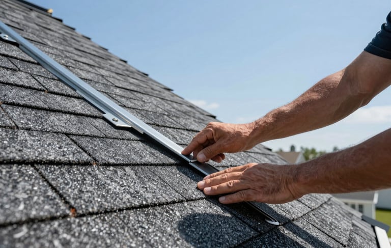 A close-up photograph of a professional roofer's hands inspecting dark gray asphalt shingles on a North American suburban house roof, clear blue sky in the background, sharp focus, professional industrial style with clean steel blue and dark gray tones.